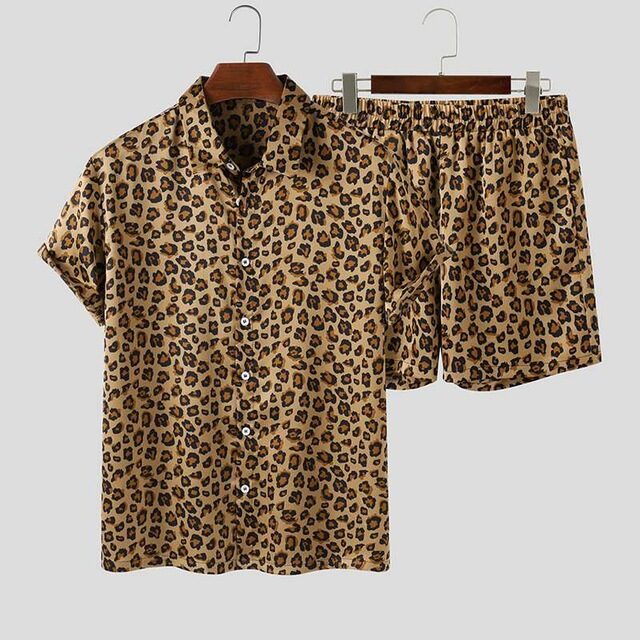 Summer Wear Men Sets Leopard Printed Lapel Short
