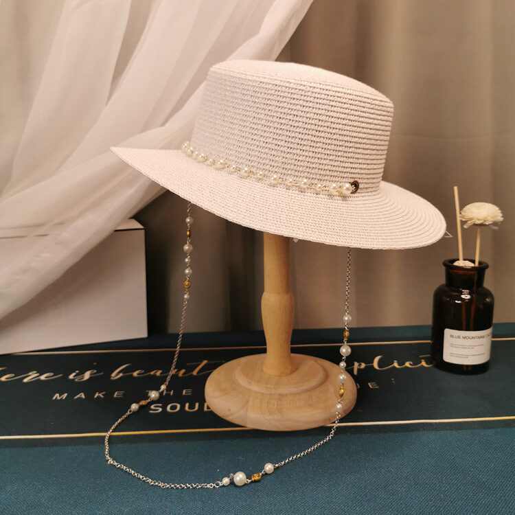 French Retro Pearl Chain Flat Straw Hat Elegant