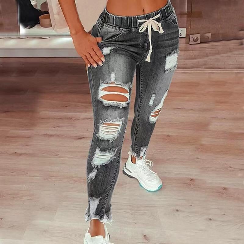High Waist Ripped Elastic Drawstring Jeans Women Trousers
