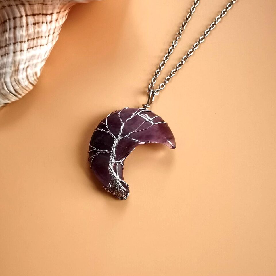 Moon Natural Stone Amethyst Tree Of Life Necklace