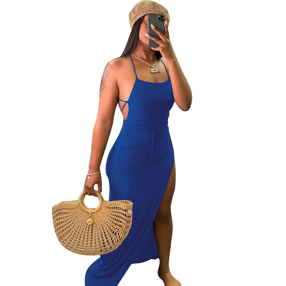 Anjamanor Black Assymetric Backless High Split Maxi Dresses