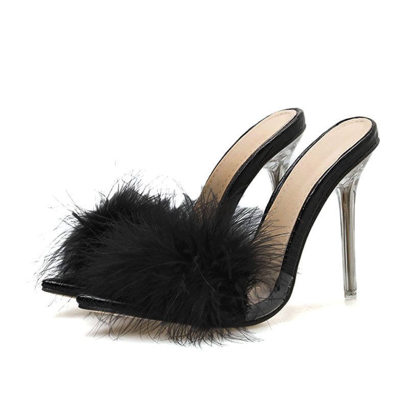 Woman Shoes Transparent Crystal High Heels Feather Fur