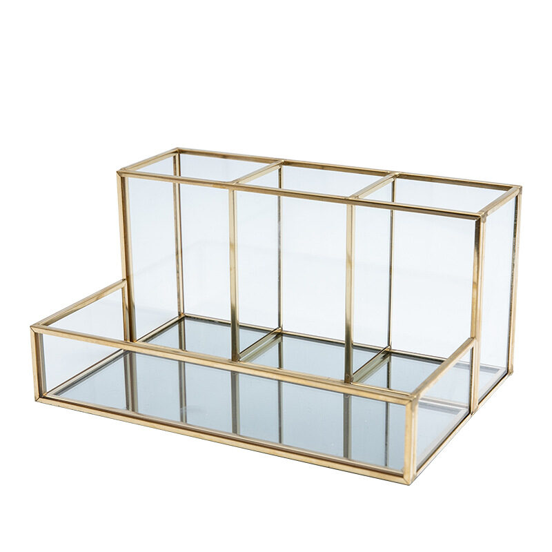 Glass Makeup Organizer Bathroom Cosmetic With Golden