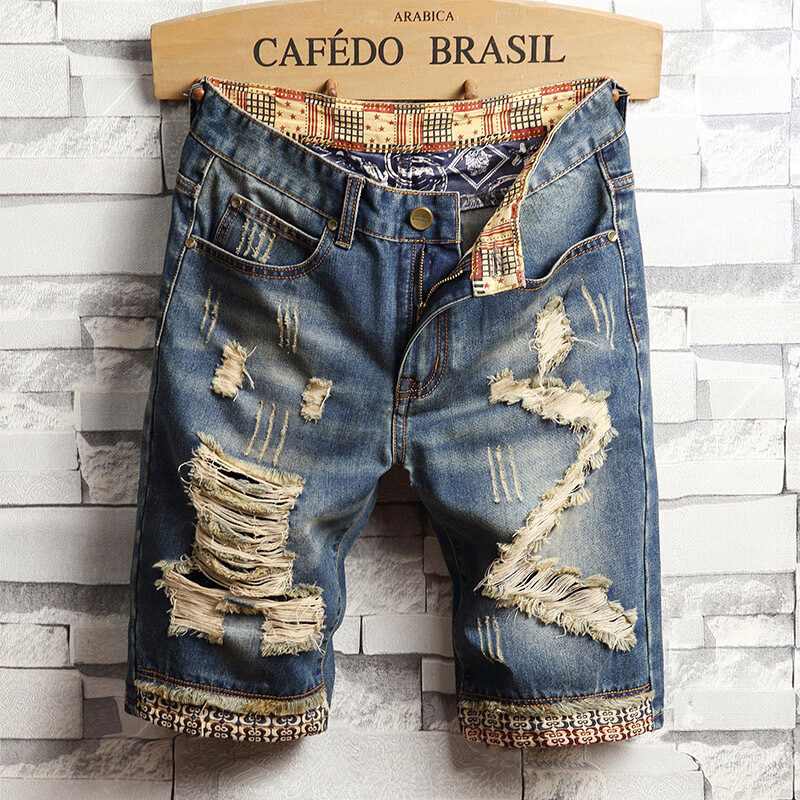 Trend big hole jeans short pants men''s summer
