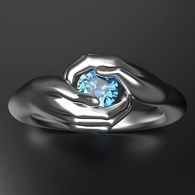 Exquisite Hands Embrace Blue Crystal Zircon Ring Elegant