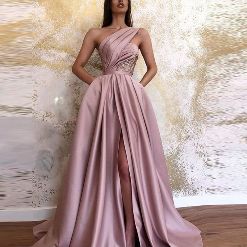 Sexy Slit Slanted Shoulder Dress Long Skirt Evening