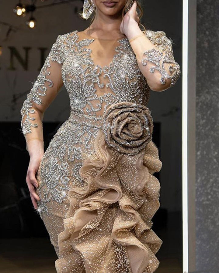 New Sexy Gold Sprinkle Trailing Party Dress