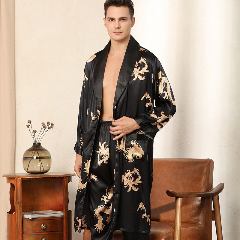 Luxury Silk Robe Pants Pajama Set Two-piece Imitate
