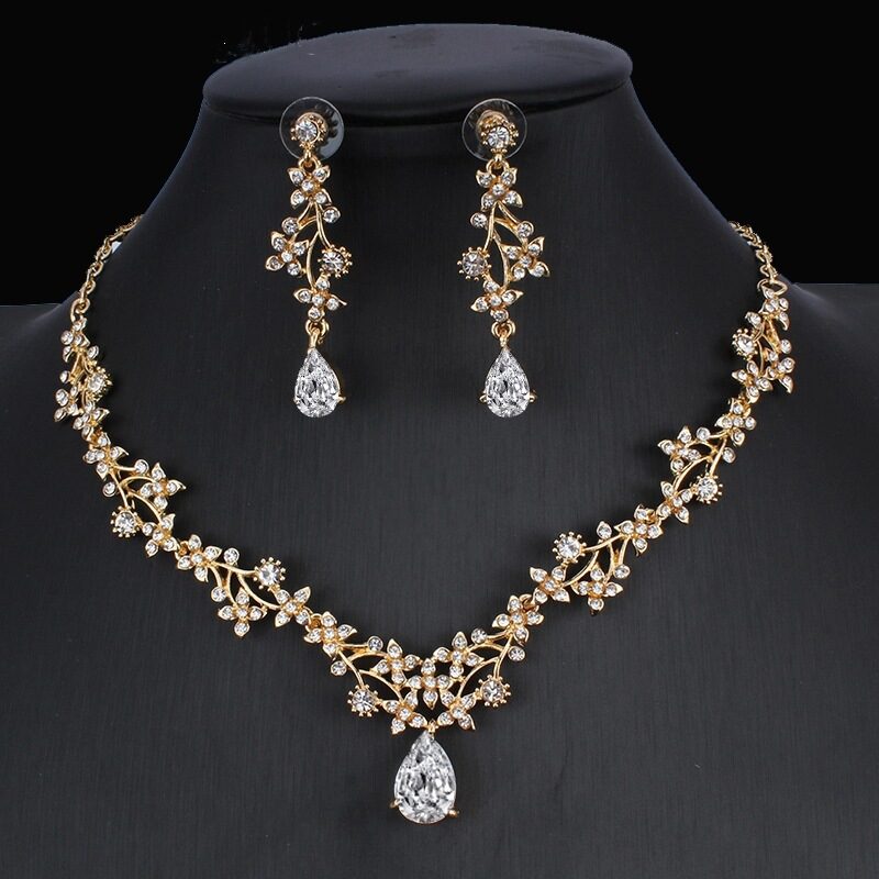 Golden Zircon Jewelry Set Bridal Necklace Earrings Wedding