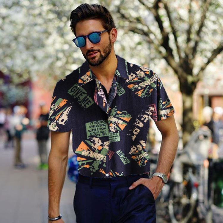 Vintage Letter Print Turn-down Collar Shirts Men Casual