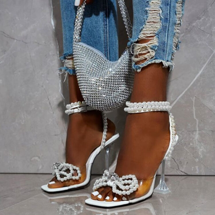 Pearl Bow Sandals For Women Summer Square Toe
