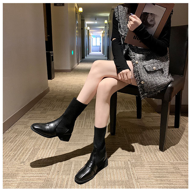 British Style Square Toe Mid-tube Knitted Martin Boots