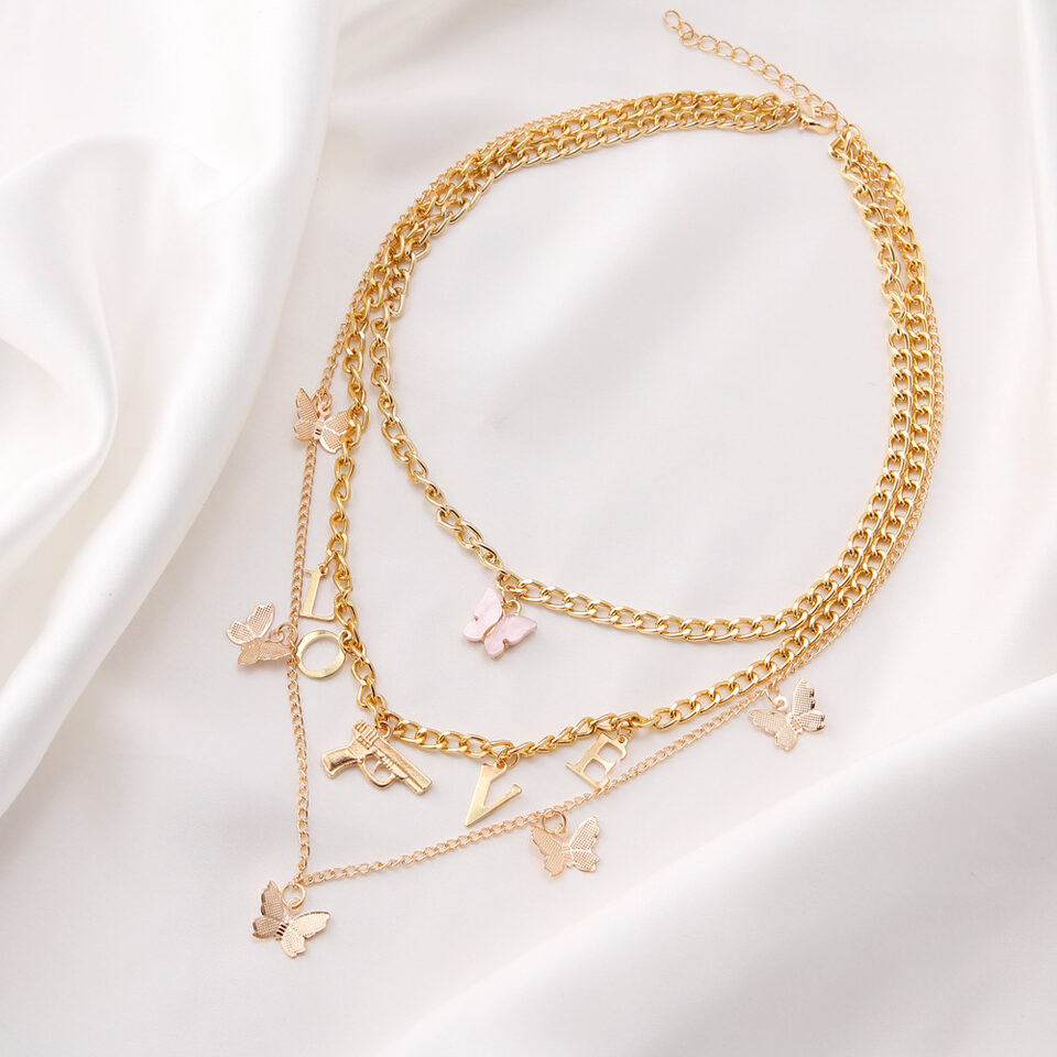 Chain Butterfly Necklace Women Multilayer Pendant Set