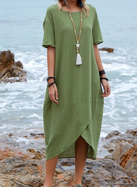 Women Maxi Dress Neck Pocket Summer Loose Casual