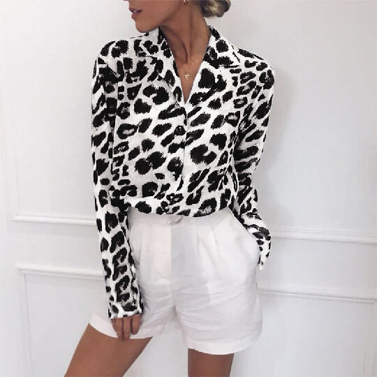 Vintage Blouse Long Sleeve Leopard Print Turn Down