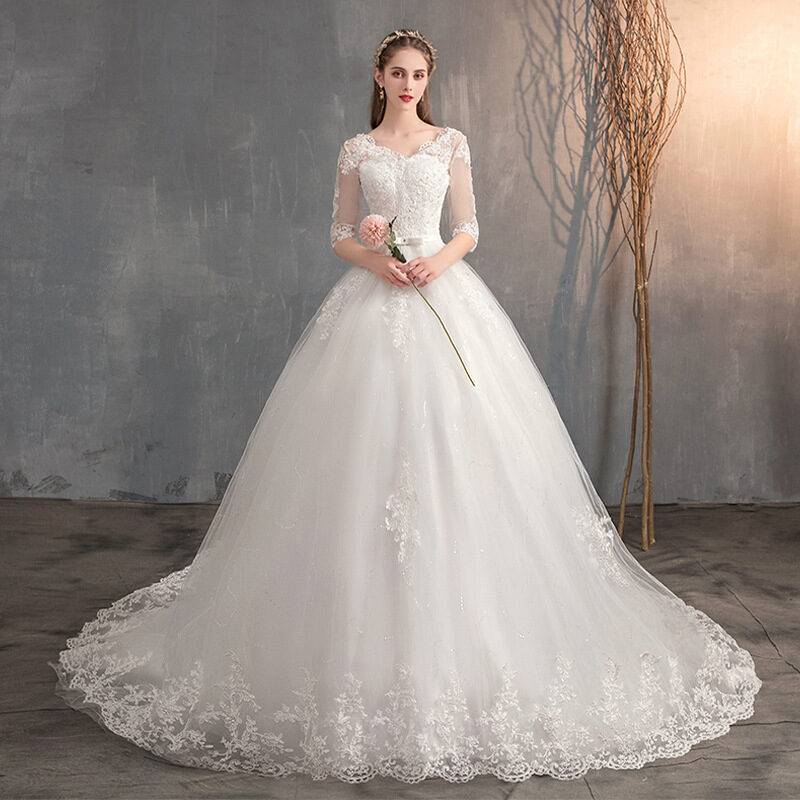 Wedding Dress Trailing Deep V Neck Lace High