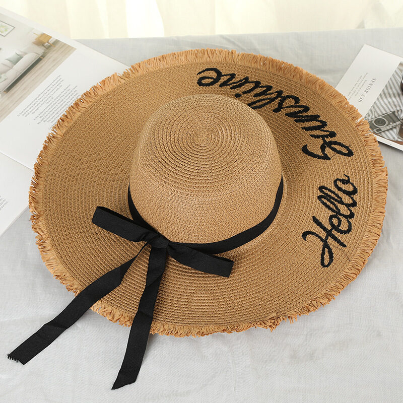 Women Lace Up Large Brim Straw Hat Beach