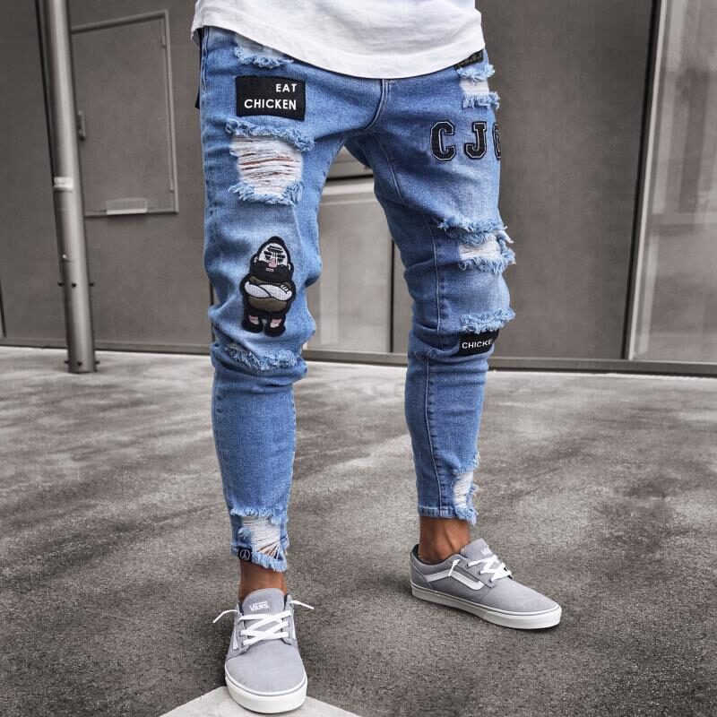 White High-end Denim Men's Trousers Hole Trend Black