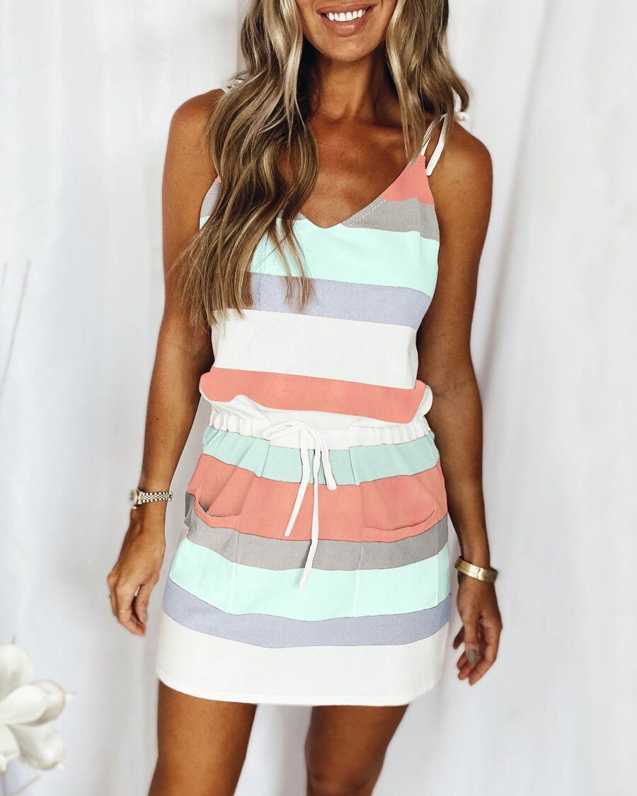 Fashion Stripe Drawstring Dress Summer Loose Sleeveless Women's