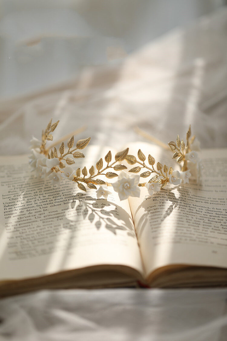 Hair Band Gold Leaf Silver White Flower Ceramic