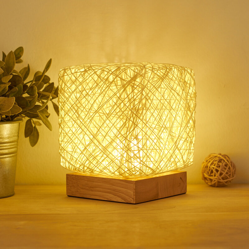 Hand-Knit Dimmable Square LED Desk Lights Wood Rattan
