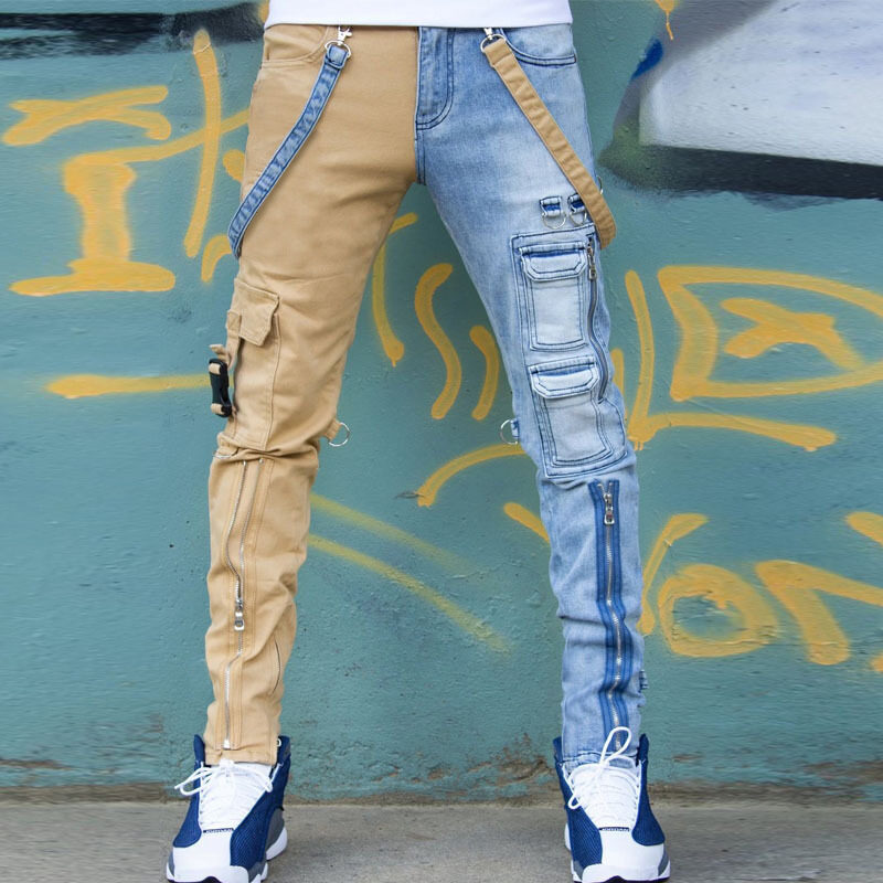 Color Block Wash Jeans Men's Trendy Brand Slim