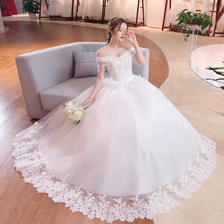 Shoulder-to-shoulder Wedding Dress Bridal Lace Plus Size Thin