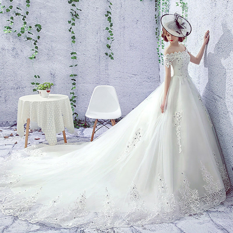 Wedding Dress Bride One-shoulder Trailing French Veil Hepburn