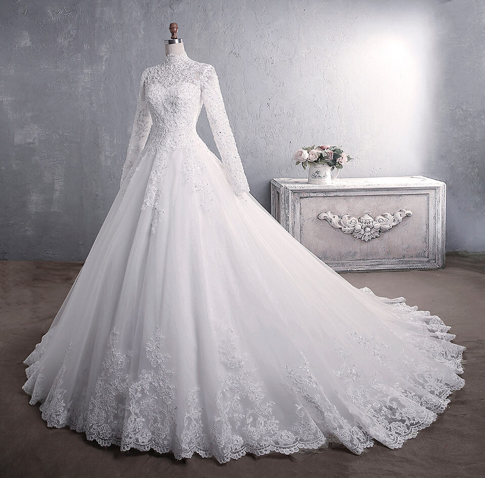 Lace Wedding Dress Bridal Stand-up Collar Long-sleeved Large