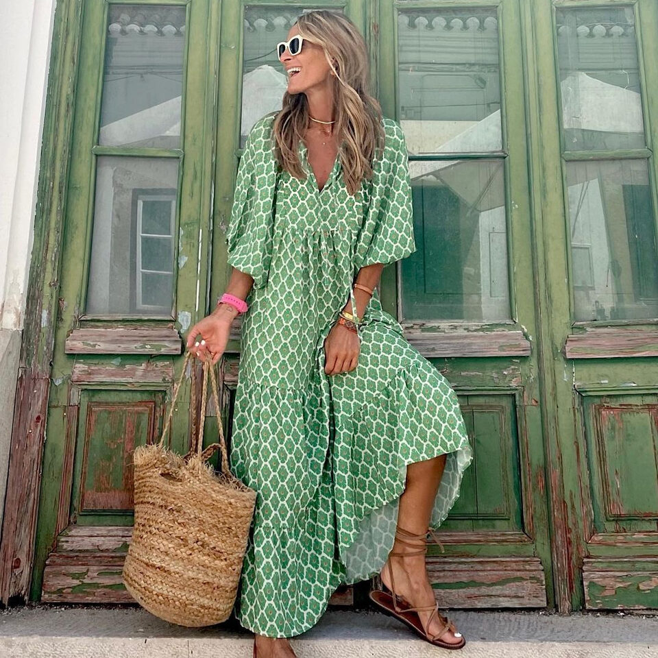 Summer Women's Vintage Printed Bohemian Dress Elegant Ladies