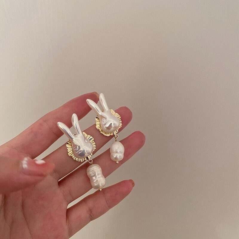 925 Silver Needle Cute Pearl Bunny Baroque