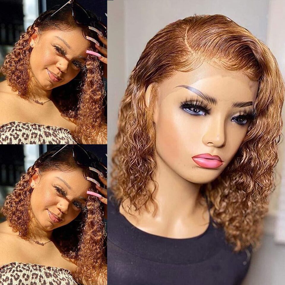 Short Curly Honey Blonde Bob Wig Lace Front