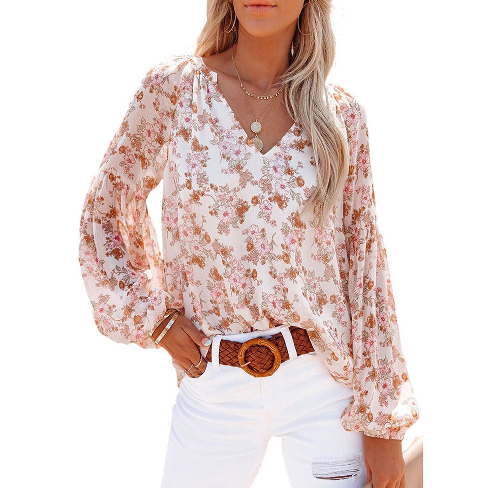 Lantern Sleeve Shirt Women Floral Print Chiffon