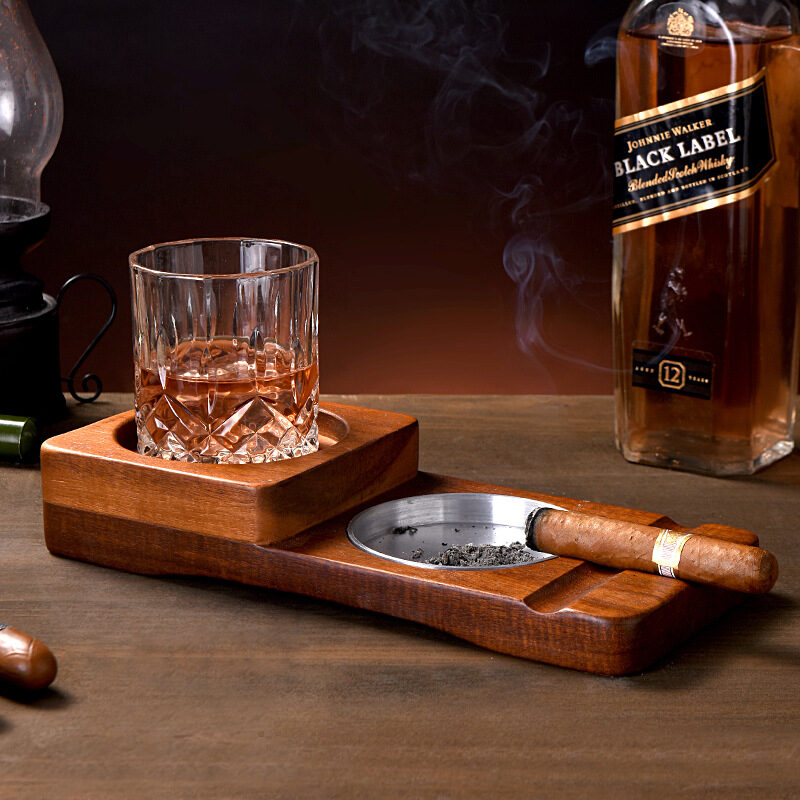 2 In 1 Wooden Ashtray Rustic Wood Whiskey