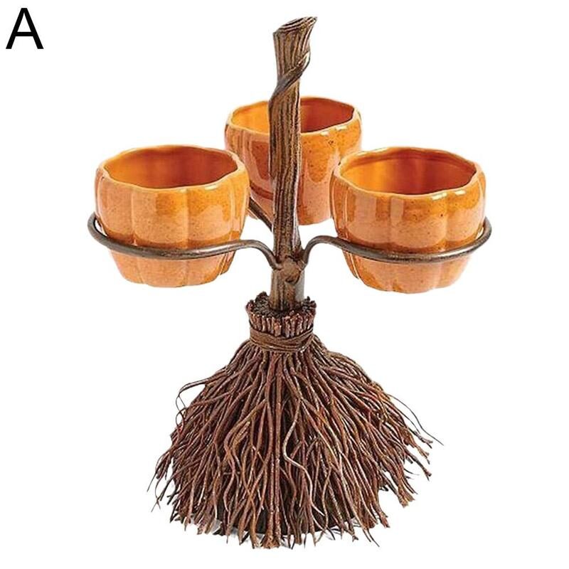 Halloween Broom Pumpkin Snack Bowl Rack Decorations Home