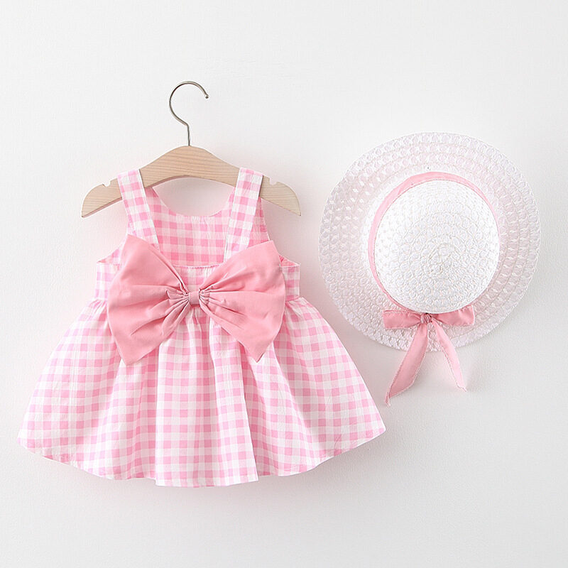 Baby Girl Plaid Skirt Fashion Free Straw Hat