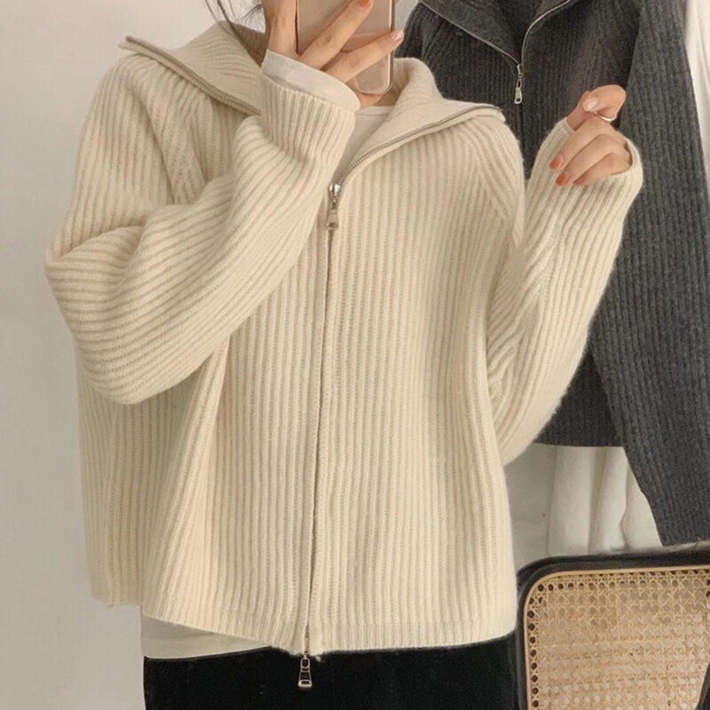 Zipper Knit Cardigan Womens Fashion Loose Outer Wear