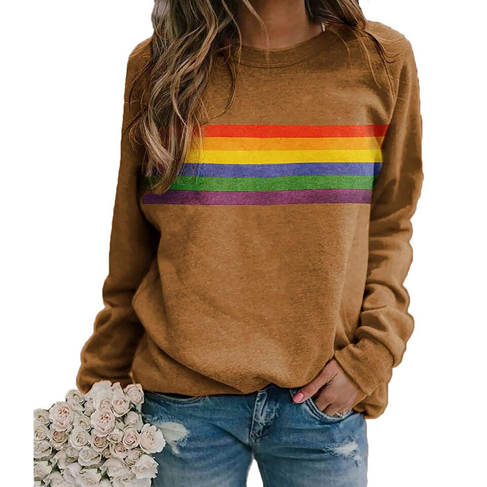Color Striped Print Round Neck Pullover Long Sleeve