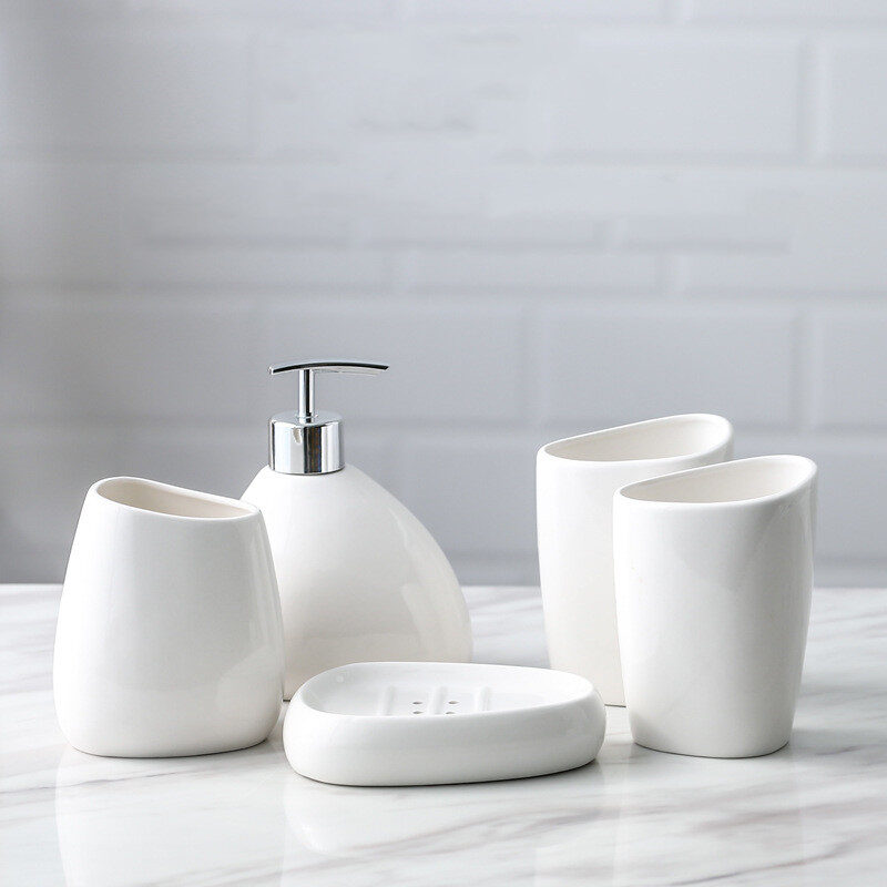 Simple White Porcelain Bathroom Five-piece Hotel Toiletries Mouthwash