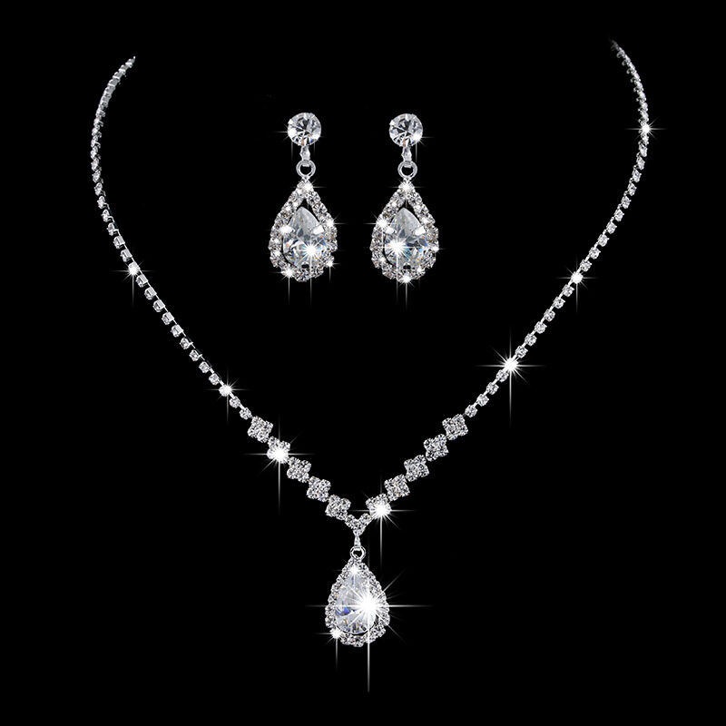 Full Rhinestone Zircon Water Drop Necklace Earrings Jewelry