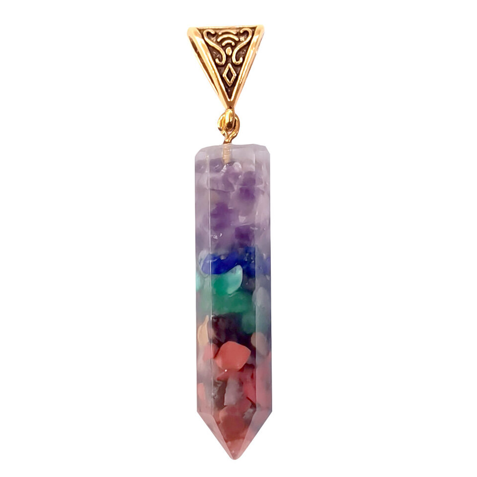 Seven Chakra Natural Crushed Stone Hexagon Column Necklace