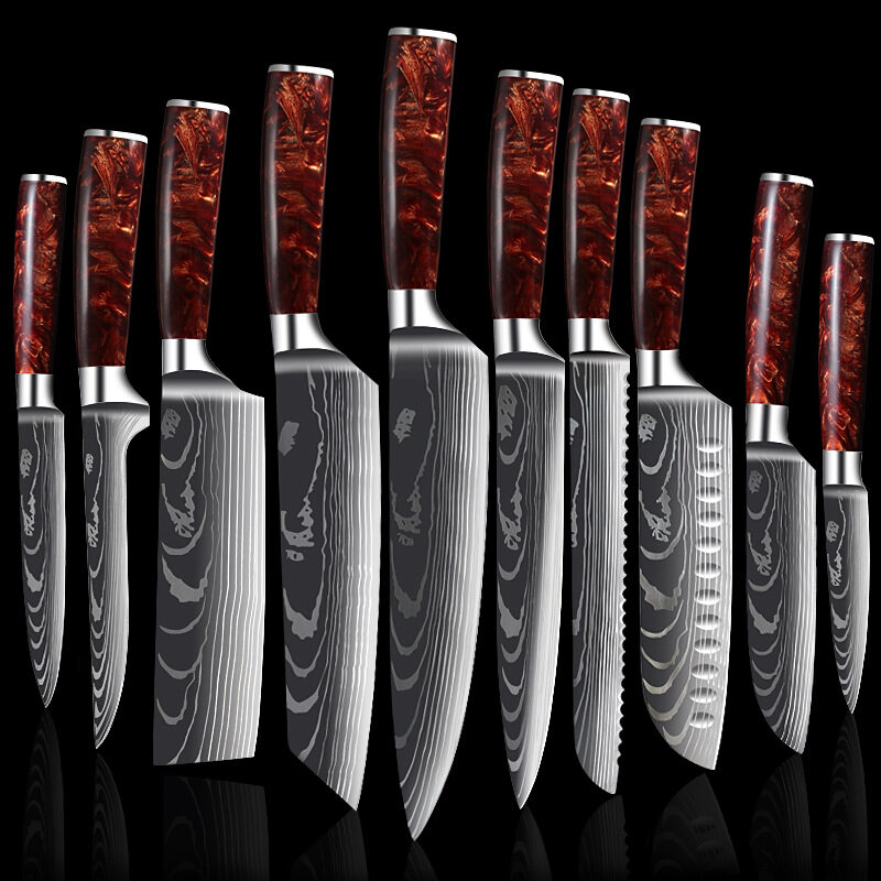 Red Resin Handle Damascus Laser Pattern Set Kitchen