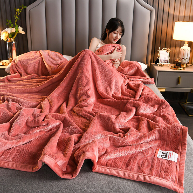 7D Carved Milk Fleece Blanket Thick Flannel Coral