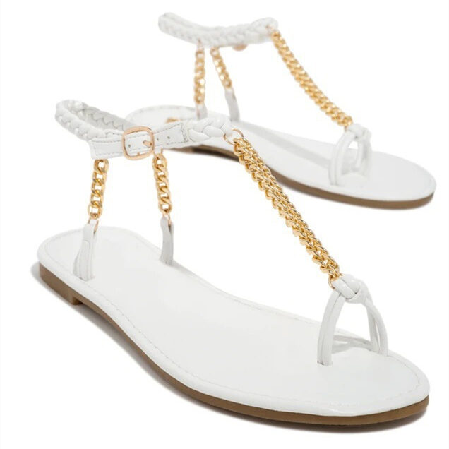 Round Toe Flat Metal Chain Sandals Women's Large