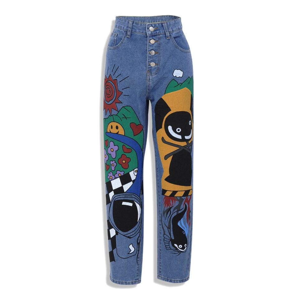 Womens Cartoon Printed Jeans Harem Pants Trousers