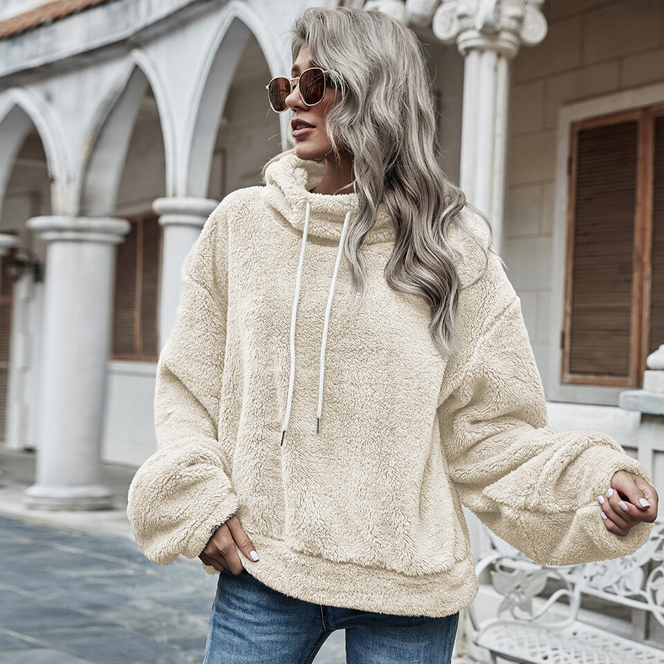 Hooded Solid Color Plush Loose Sweater Women