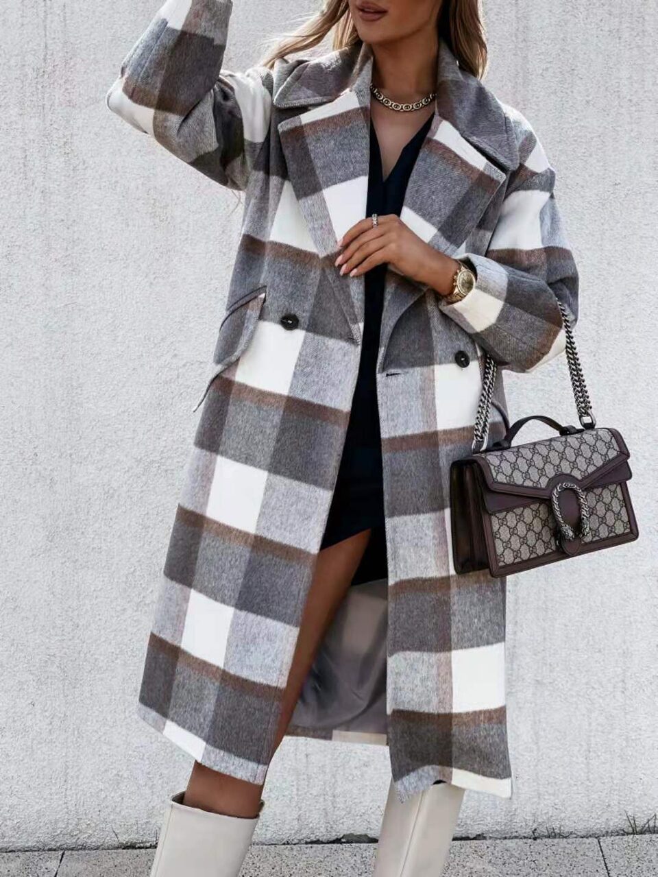 Checked Mid-length Coat Lapel Tie Woolen