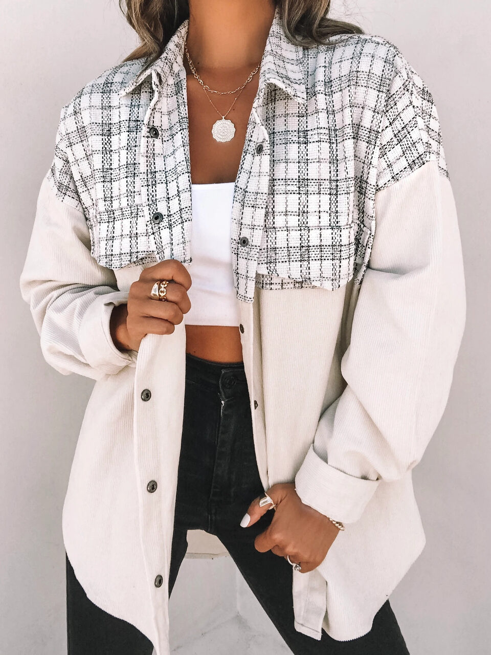 Casual Lapel Long Sleeve Pocket Plaid Splicing Corduroy