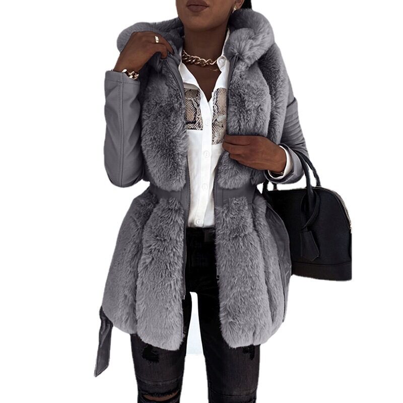 Fur Belt Hooded Zipper Jacket Women's Clothing