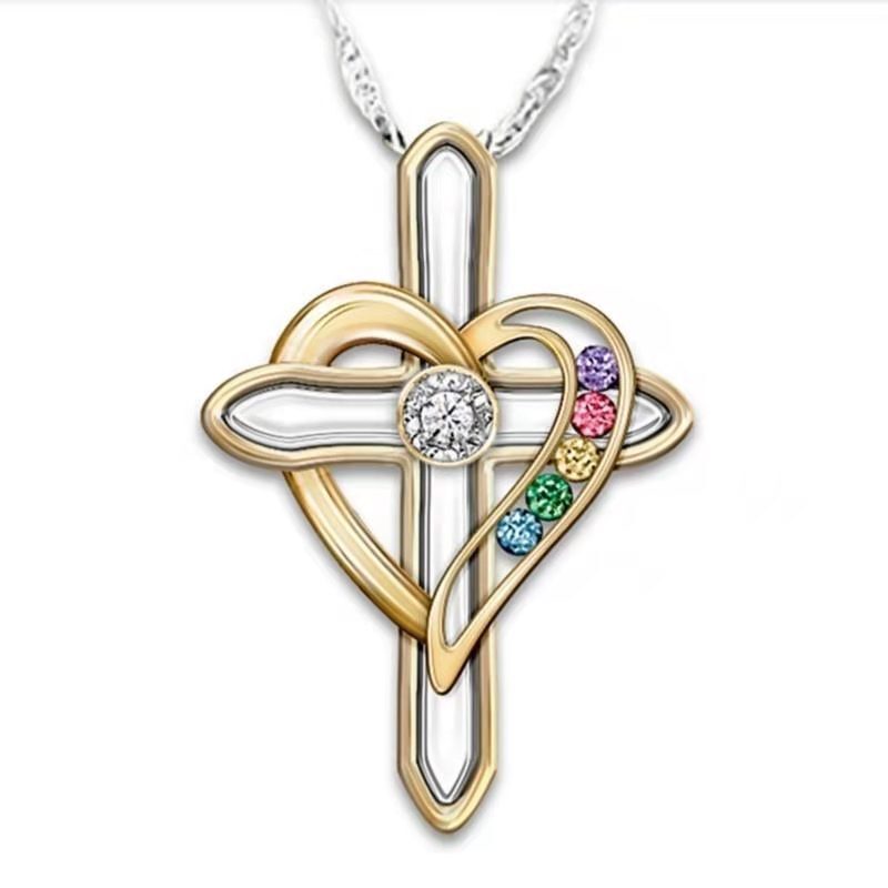 Cross Love Colorful Imitatio Gemstone Pendant Alloy Clavicle
